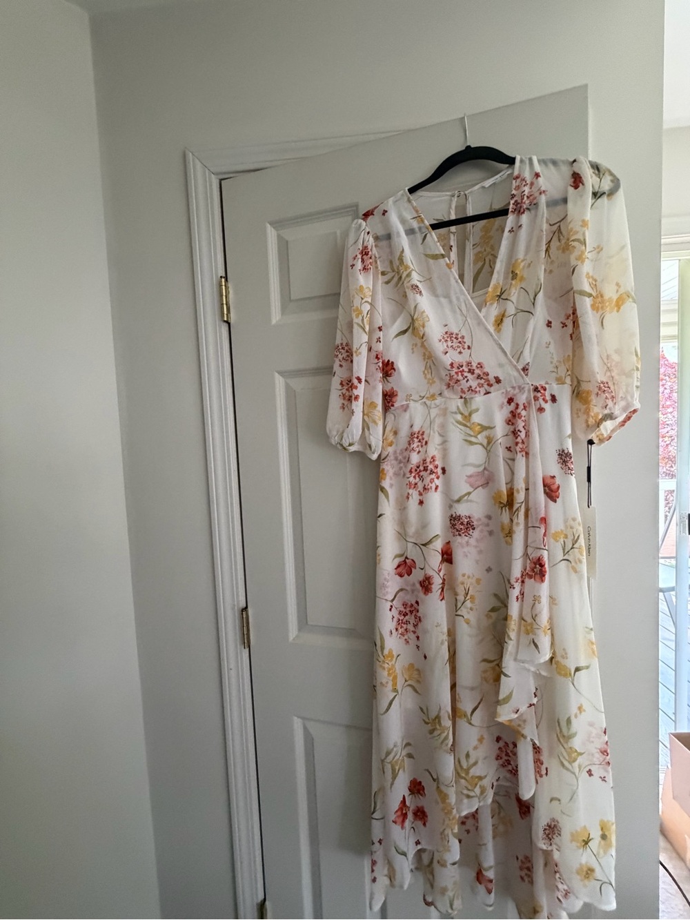 Calvin Klein White Floral High-Low Wrap Dress with Pink and Yellow Blooms